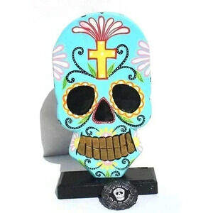 NEW Solid Wood Day of the Dead Sugar Skull Tabletop Figure HALLOWEEN Indonesia